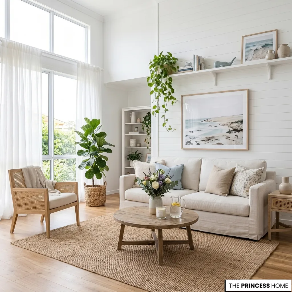 Bright and airy summer living room featuring layered natural linen textiles,