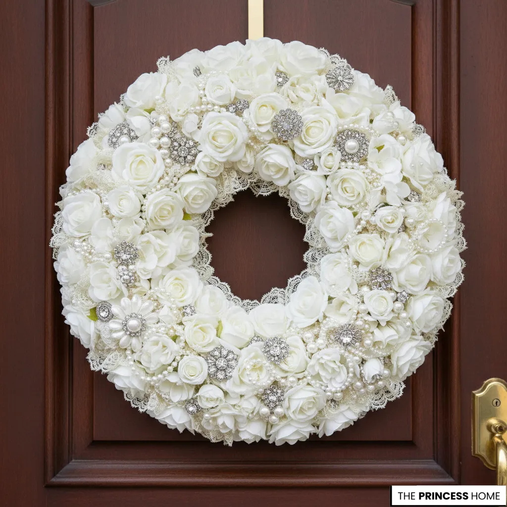 Elegant vintage style wreath densely filled with white roses, delicate lace trim, pearl strands,