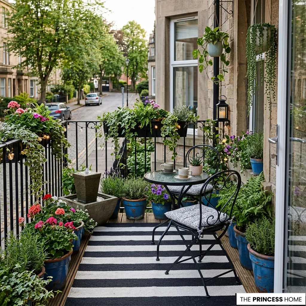 Cozy apartment balcony featuring a black bistro set, striped rug, stone water fountain, and vibrant blue potted plants.