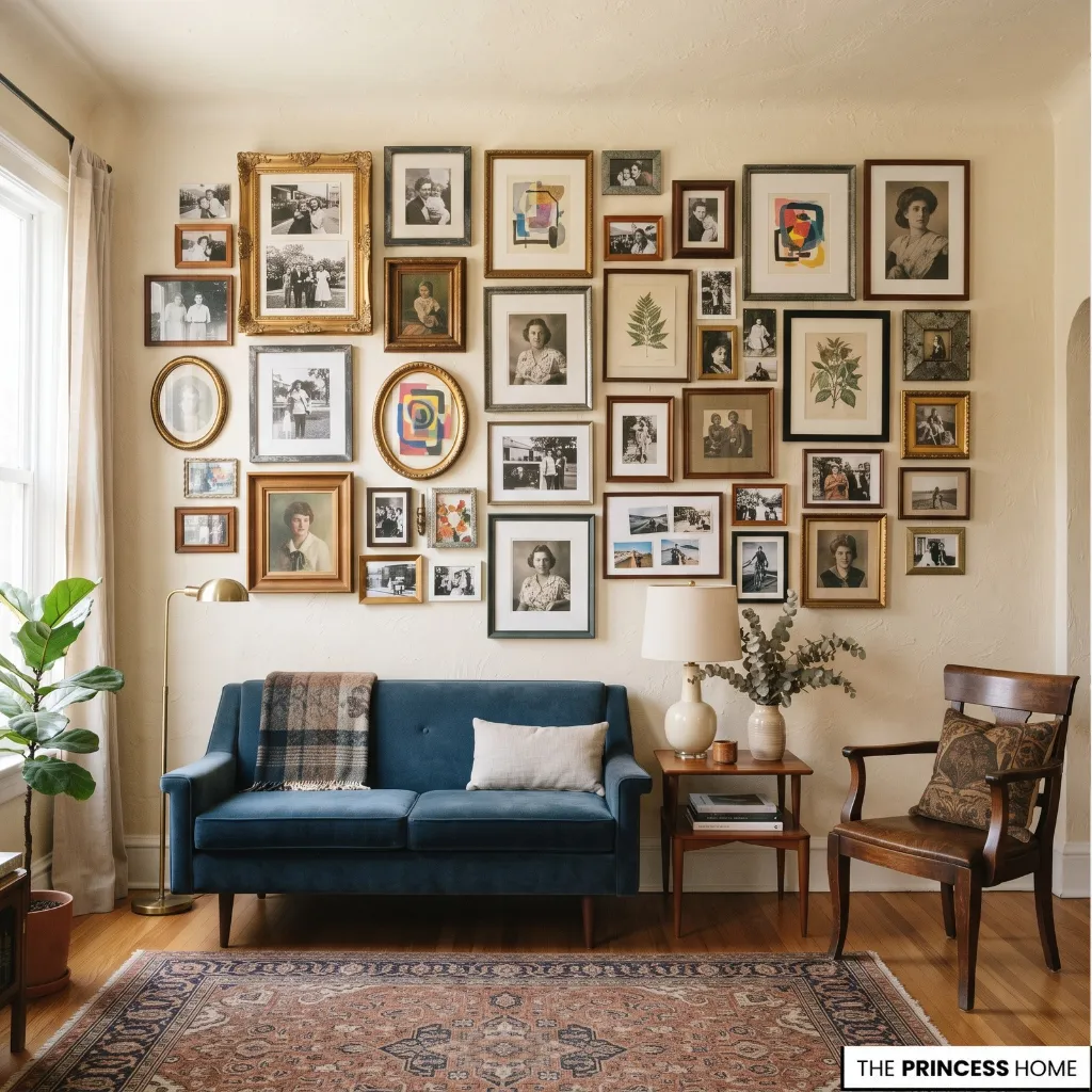 Balanced vintage living room with uncluttered furniture and carefully selected decor
