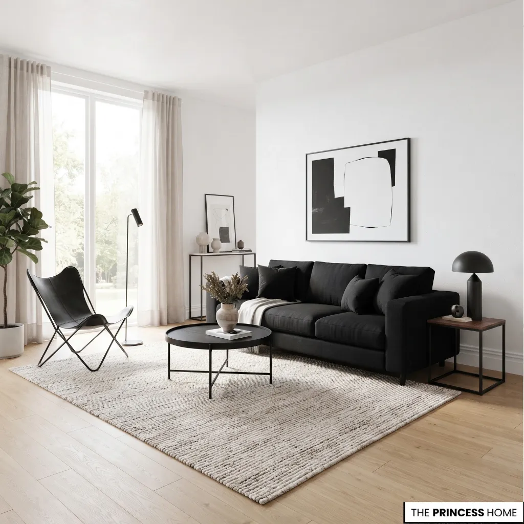 Light living room with a black sofa, white walls, and contrasting furniture.