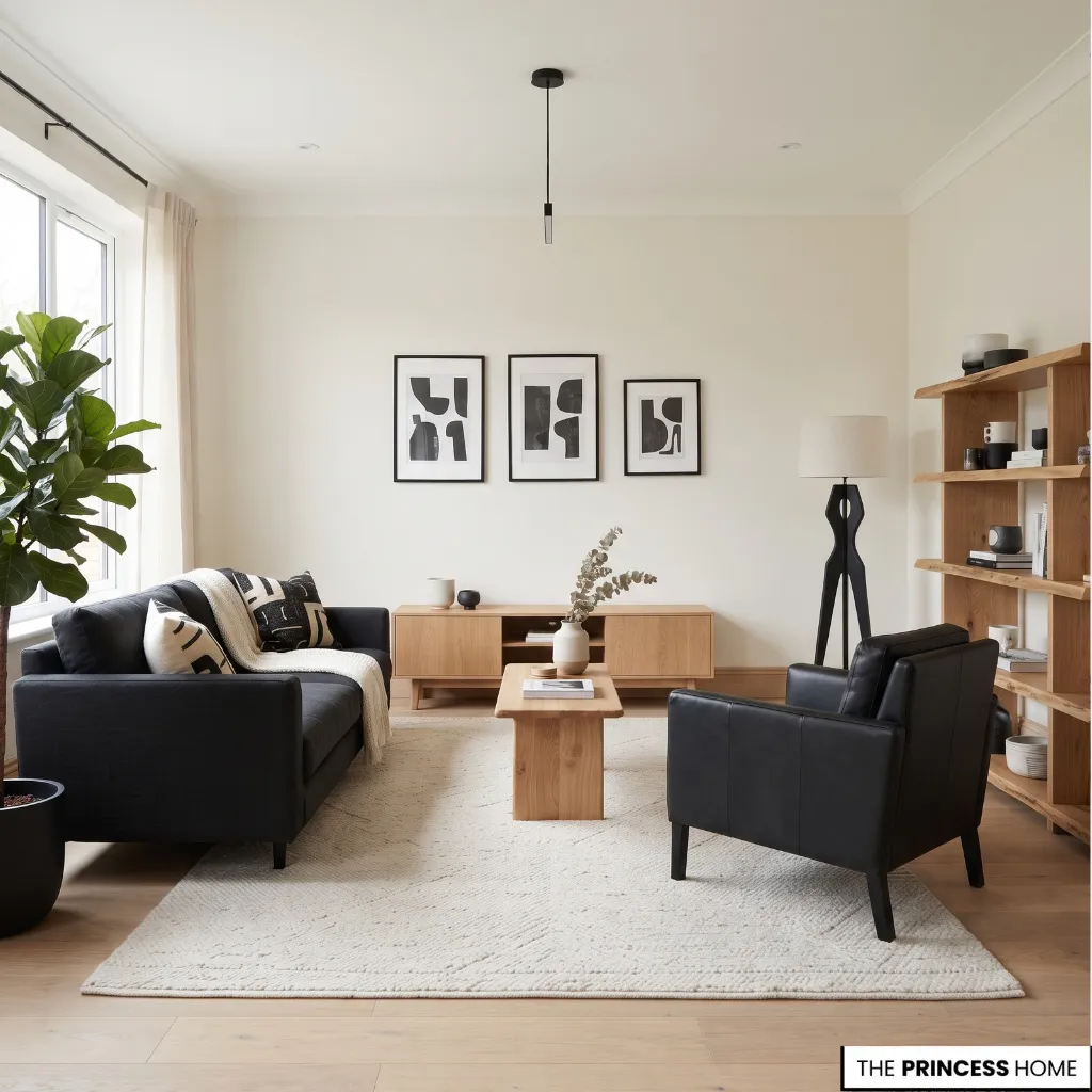 Balanced monochrome living room with varied textures and carefully distributed black accents.