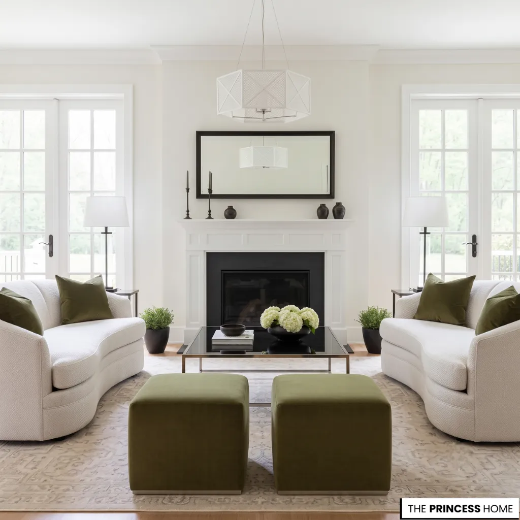Symmetrical white living room featuring curved sofas, olive green ottomans, and a black fireplace insert.