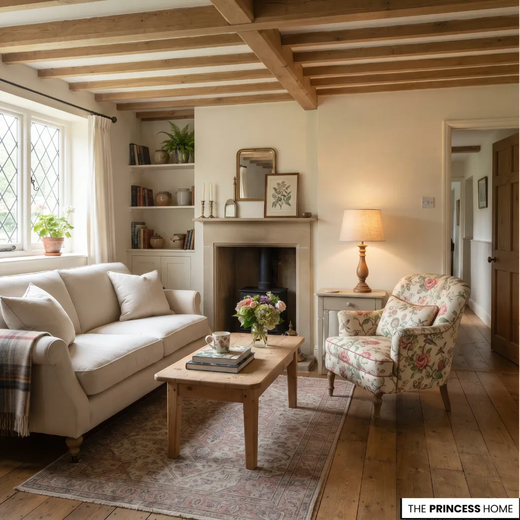 Balanced English cottage living room with coordinated patterns, clear surfaces, and practical furniture placement.