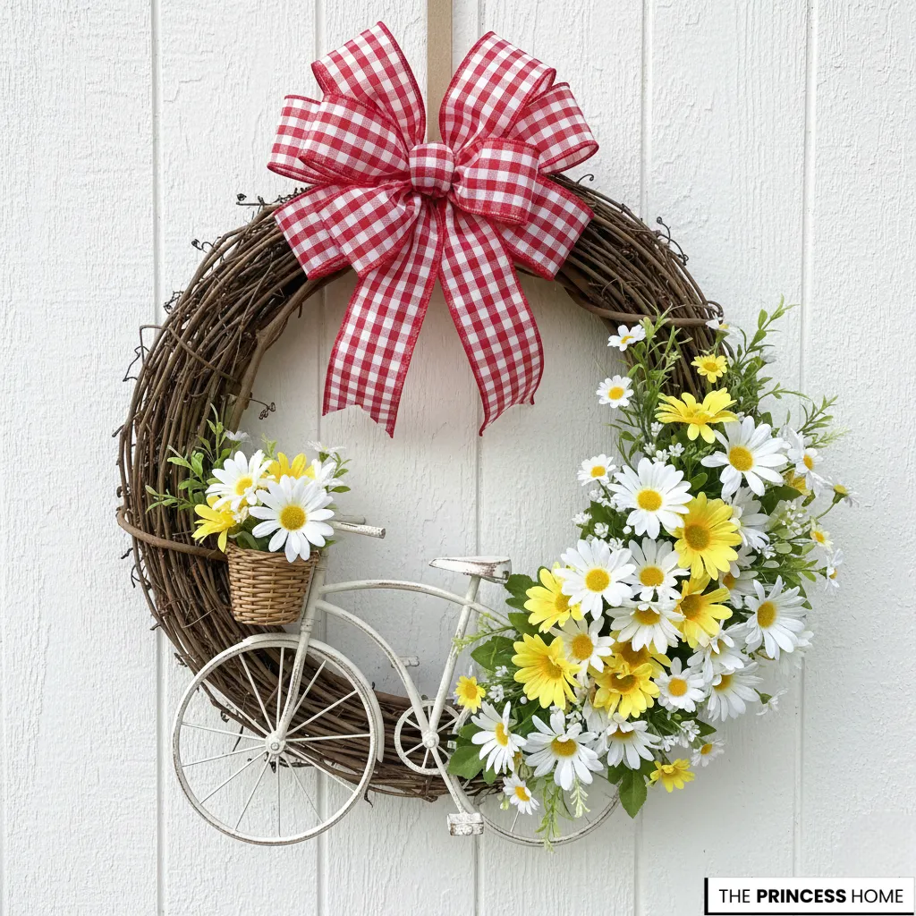 : Summer grapevine wreath featuring an asymmetrical arrangement of white and yellow daisies, a miniature white vintage bicycle
