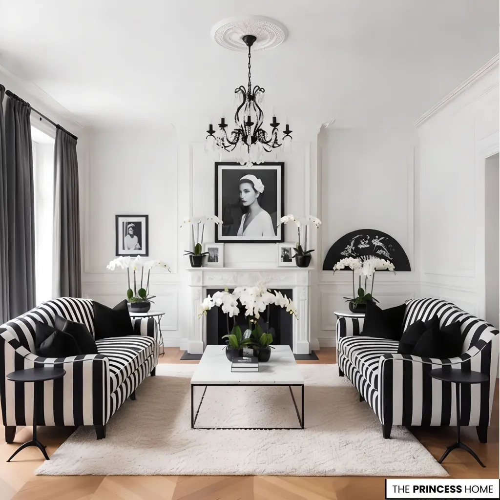 A stylish living room featuring black-and-white striped sofas, a central fireplace,