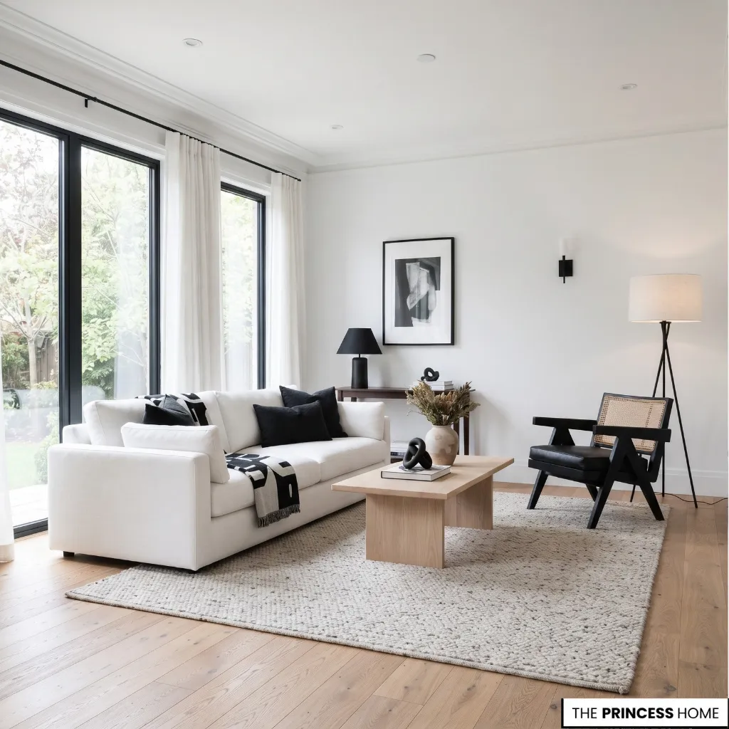 White walls and a black sofa paired with wood furniture and neutral textiles.