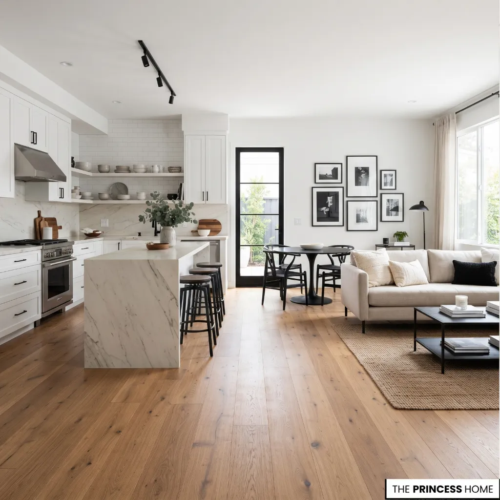 Connected kitchen and living spaces using black accents, white surfaces, and natural wood.