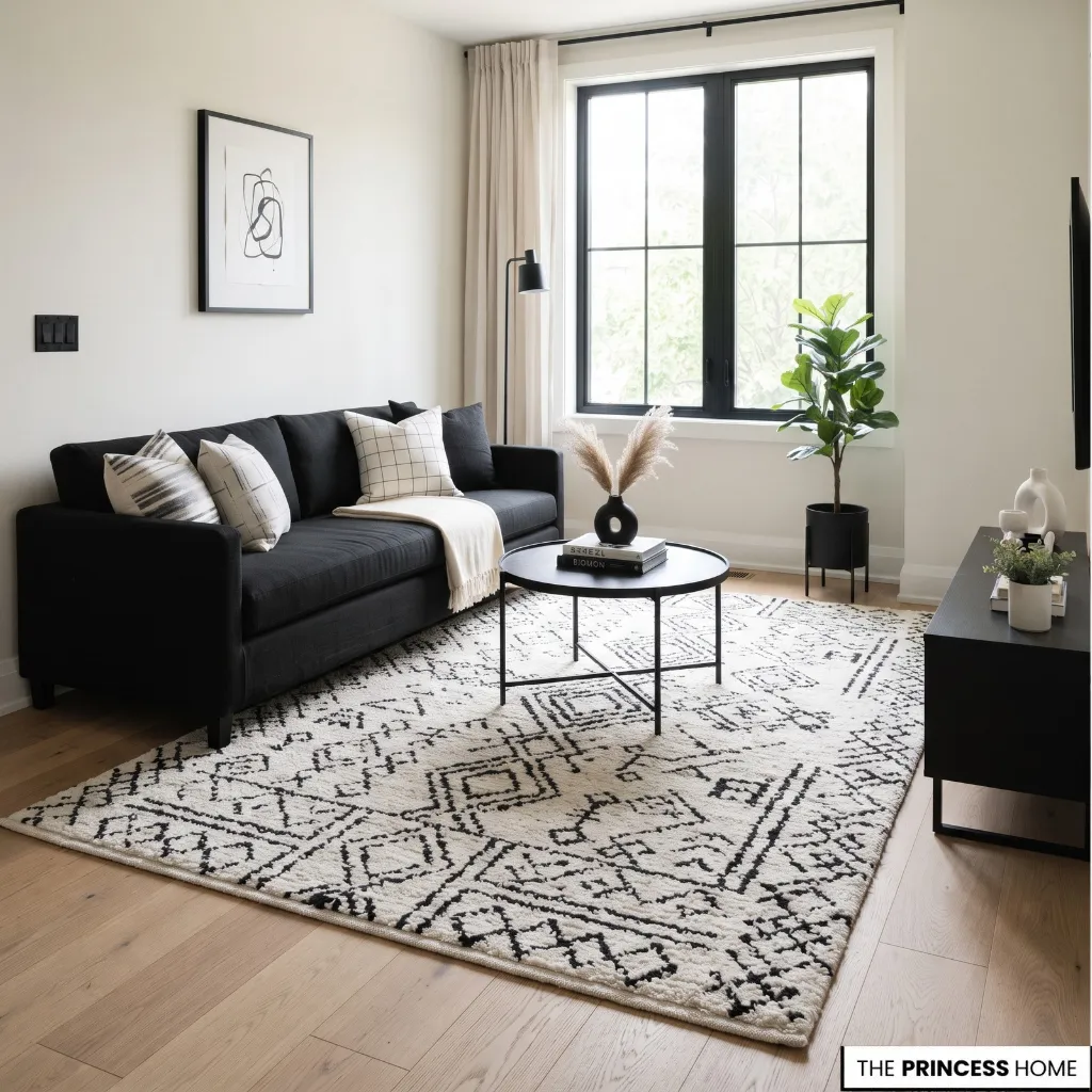 Black sofa with striped cushions, geometric rug, and monochrome framed artwork.
