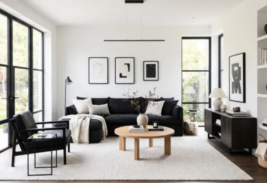 Black and white living room with a dark sofa, pale walls, natural wood, and a light rug.