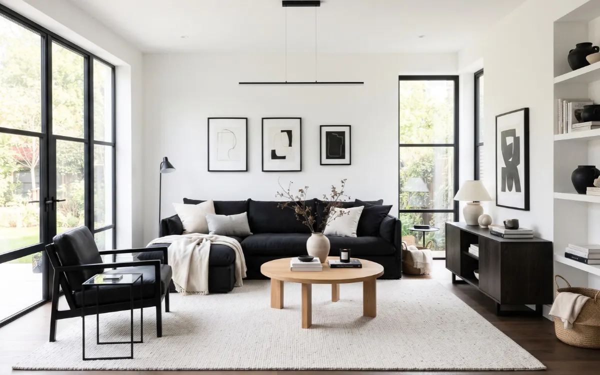 Black and white living room with a dark sofa, pale walls, natural wood, and a light rug.