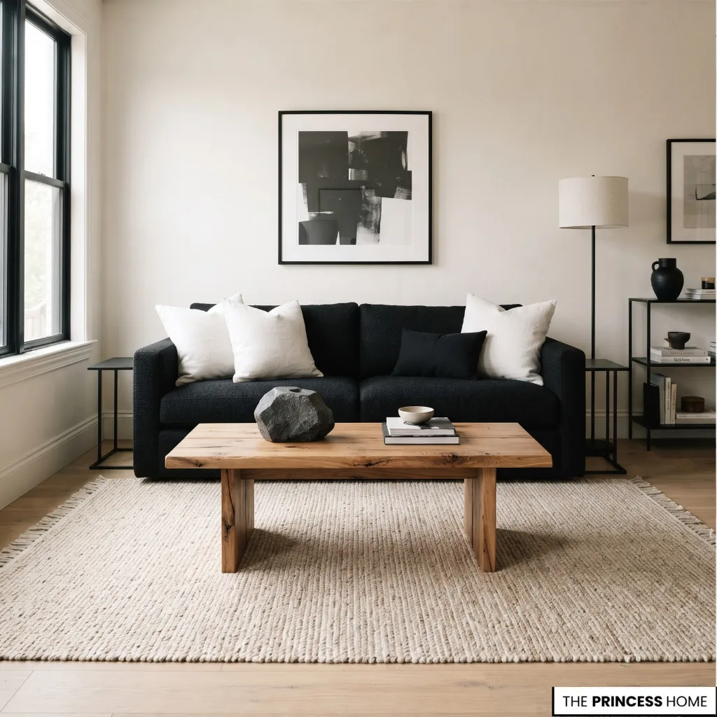 Black and white living room with natural wood, textured cushions, and a woven rug.