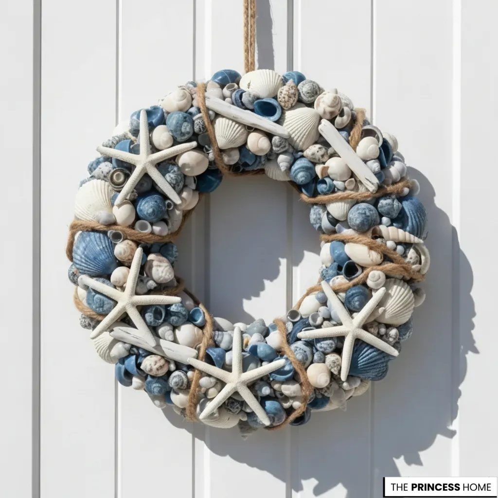 Coastal summer wreath filled with blue and white seashells, wrapped with natural jute rope and adorned with starfish on a white wooden door.