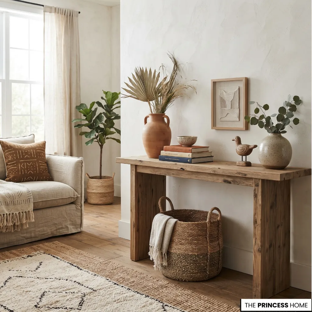 Boho interior with collected ceramics, books, framed art, and vintage accessories.