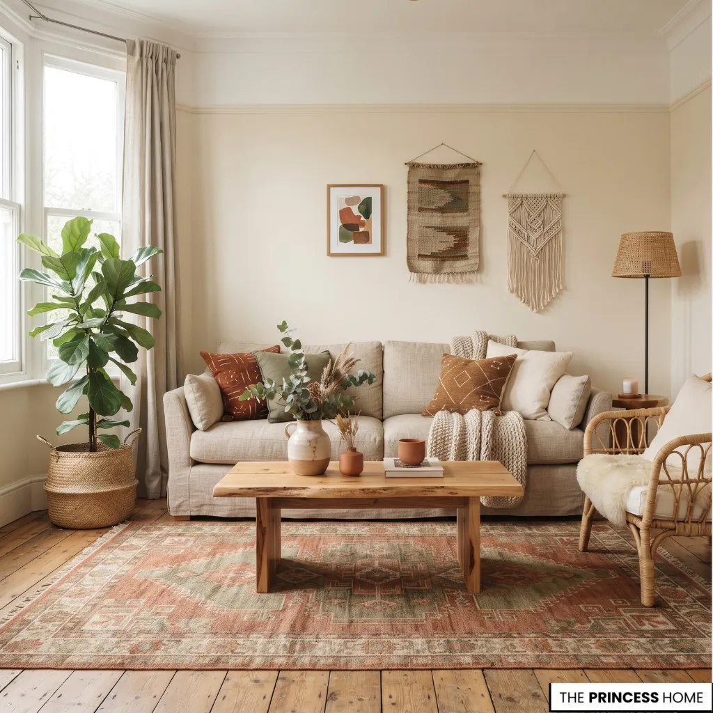 Boho interior using cream, terracotta, warm brown, and muted green accents.