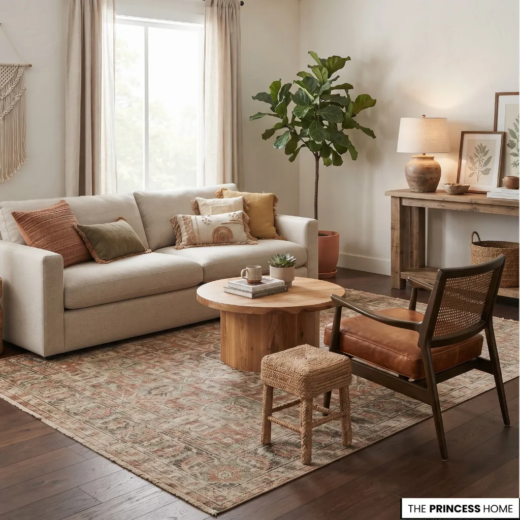 Boho living room with comfortable upholstered seating, a wooden table, and a vintage accent chair.