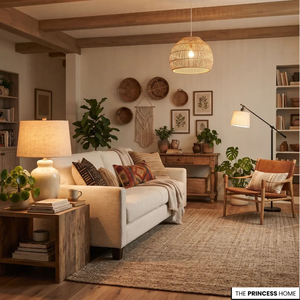 Boho living room with a woven pendant, ceramic table lamp, and floor lamp.
