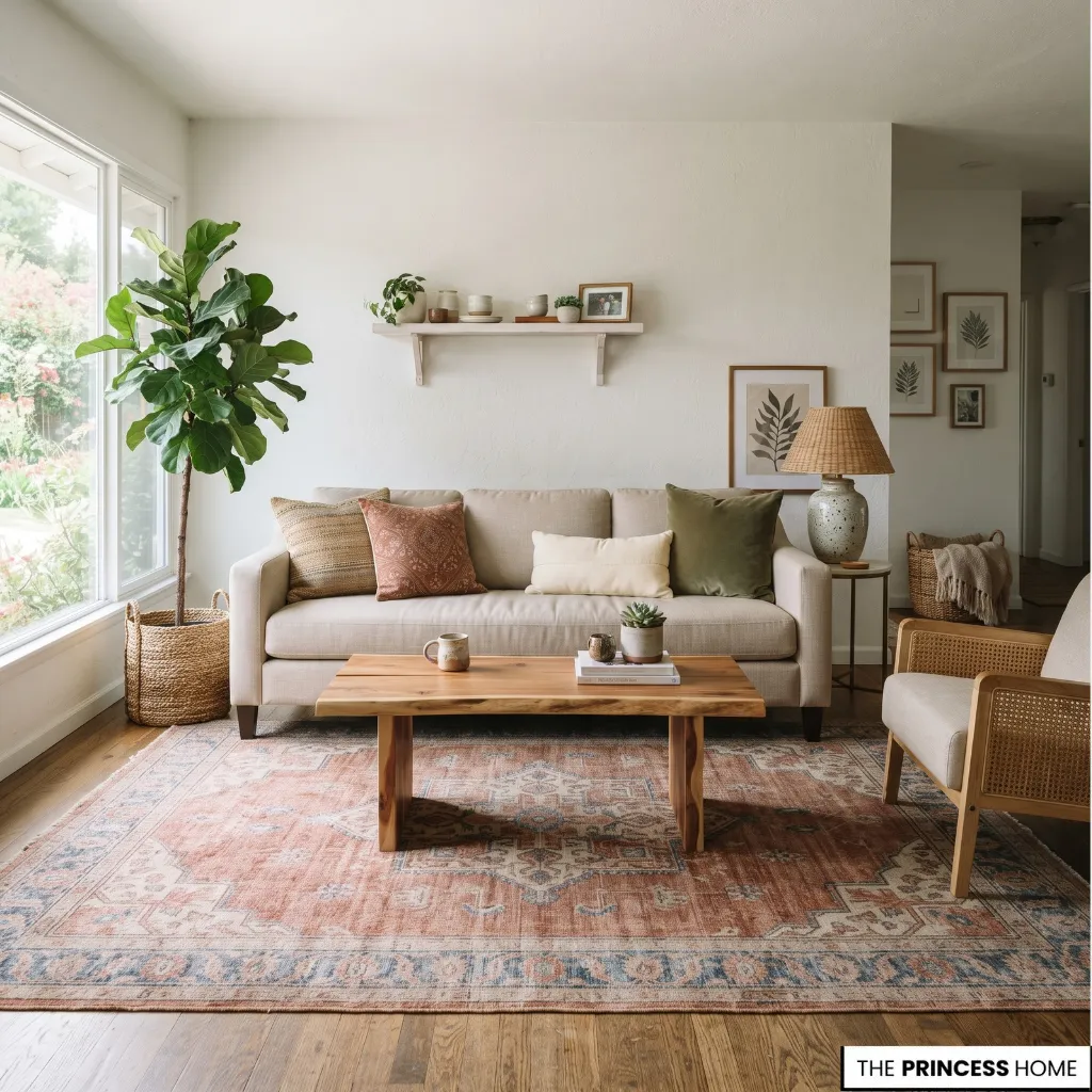 Balanced boho living room with selected accessories, clear surfaces, and open walking space.