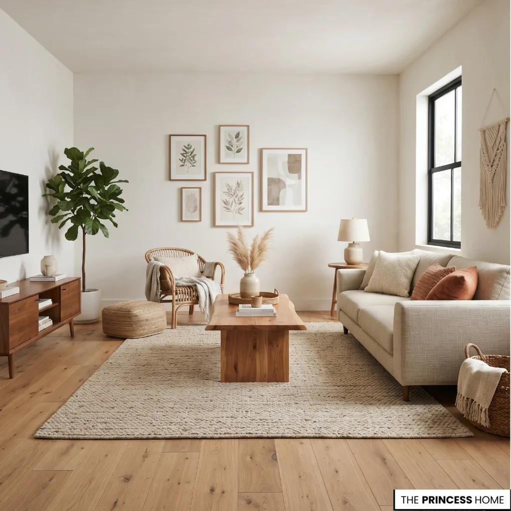 Boho living room with a balanced furniture layout and a neutral foundation.