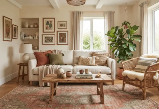 Boho living room with a neutral sofa, patterned rug, natural wood, woven furniture, and plants.