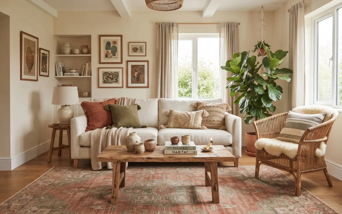 Boho living room with a neutral sofa, patterned rug, natural wood, woven furniture, and plants.