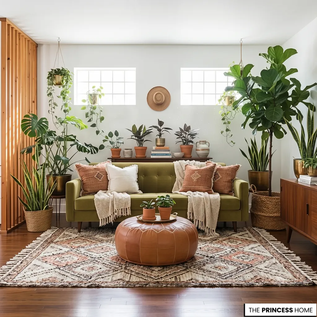 Boho living room with an olive green sofa, leather pouf, patterned rug, and numerous indoor houseplants.