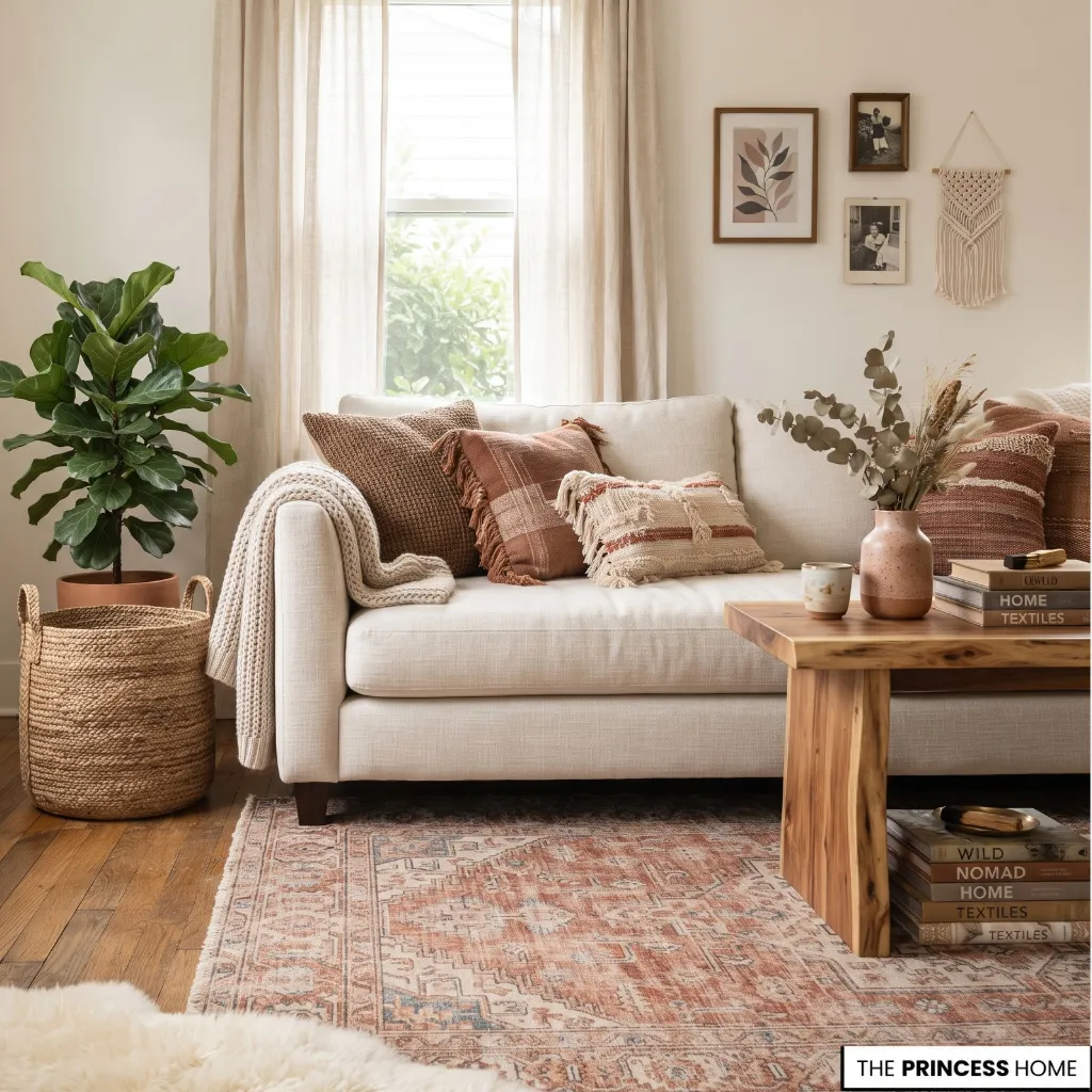 Boho living room combining contemporary seating, a vintage rug, woven baskets, and ceramics.