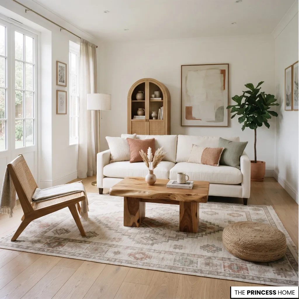 Modern boho living room with clean-lined furniture, natural textures, and restrained earthy colors.