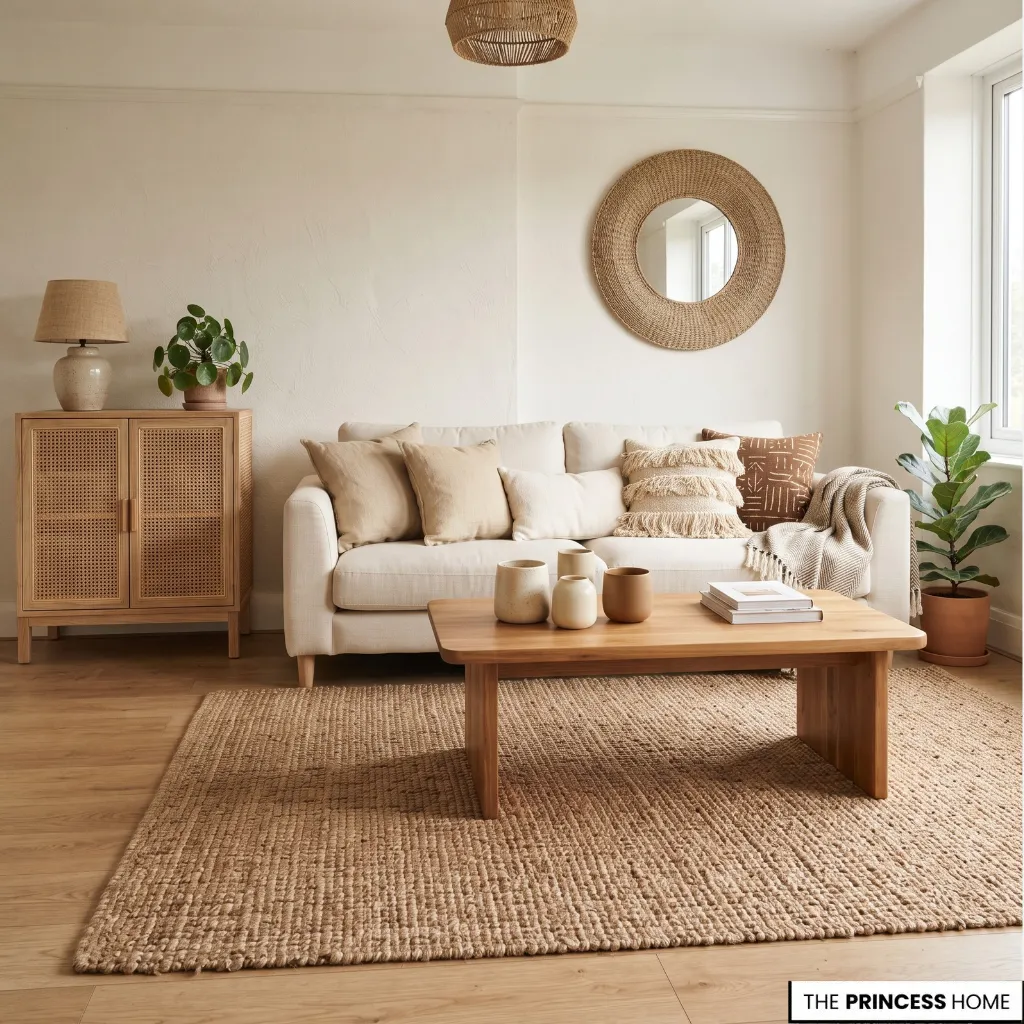 Boho living room combining a woven rug, natural wood, linen cushions, and ceramic accessories.