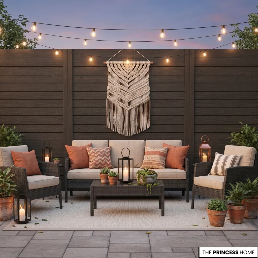 Boho patio with a dark wood fence, large macrame wall hanging, wicker sofa, terracotta pots, and warm string lights.