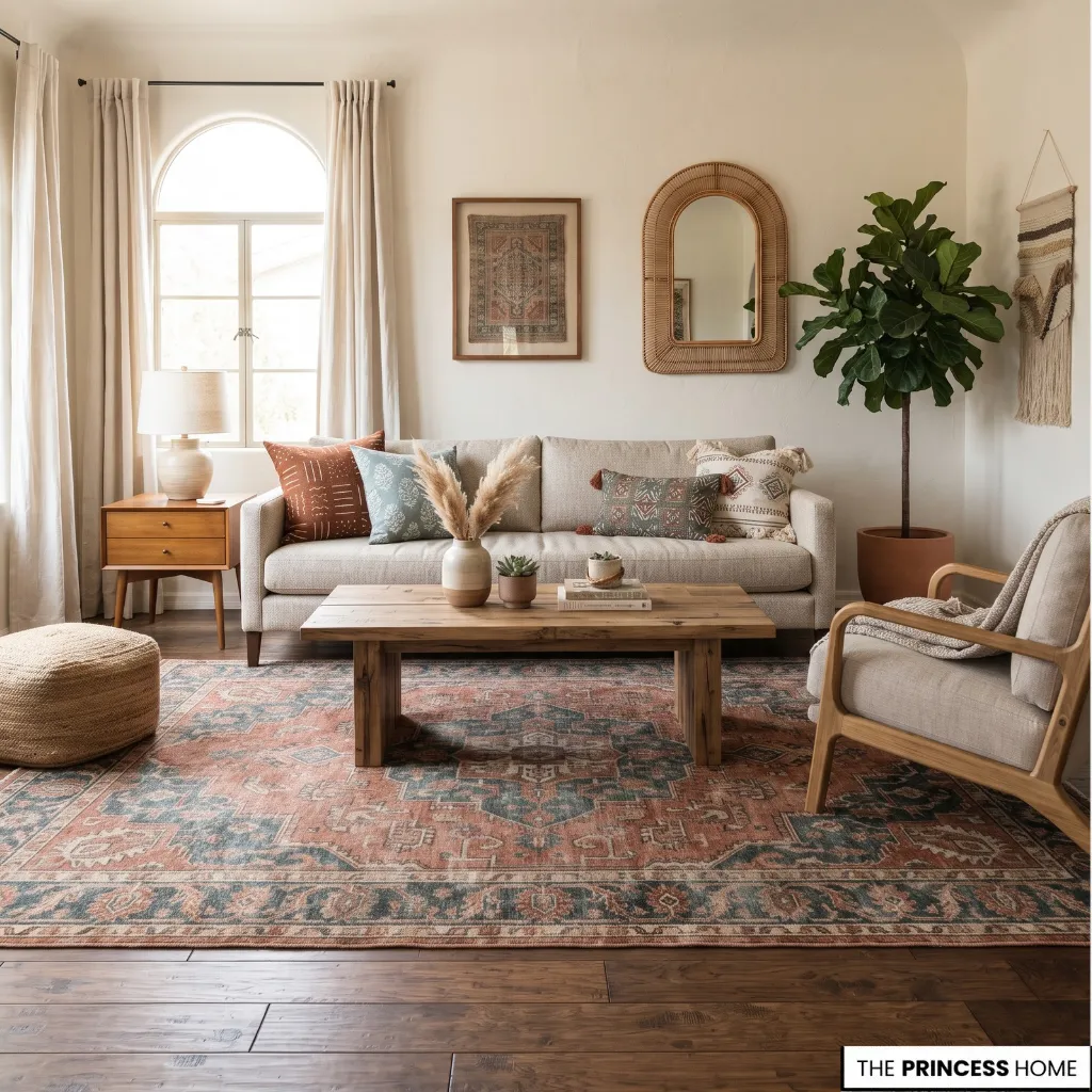 Boho living room with a patterned rug and coordinating cushions in varied motifs.