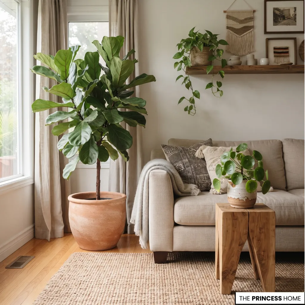 Boho living room with a tall floor plant and smaller plants in natural-finish containers.