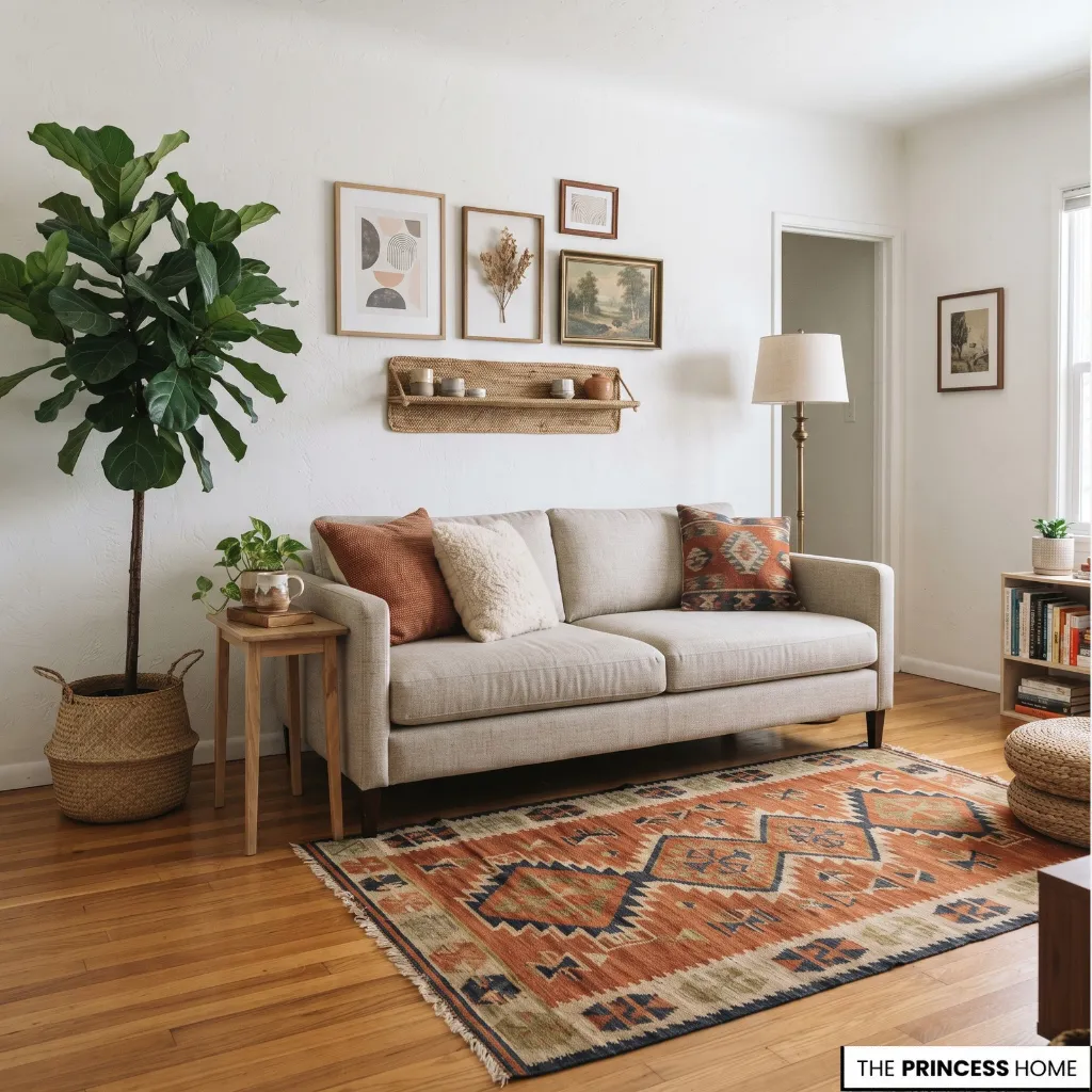 Small boho living room with a compact sofa, patterned rug, wall art, and carefully placed plants.