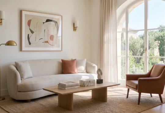 Organic modern living room with a cream curved sofa, leather armchair, wooden table, and large arched glass door.