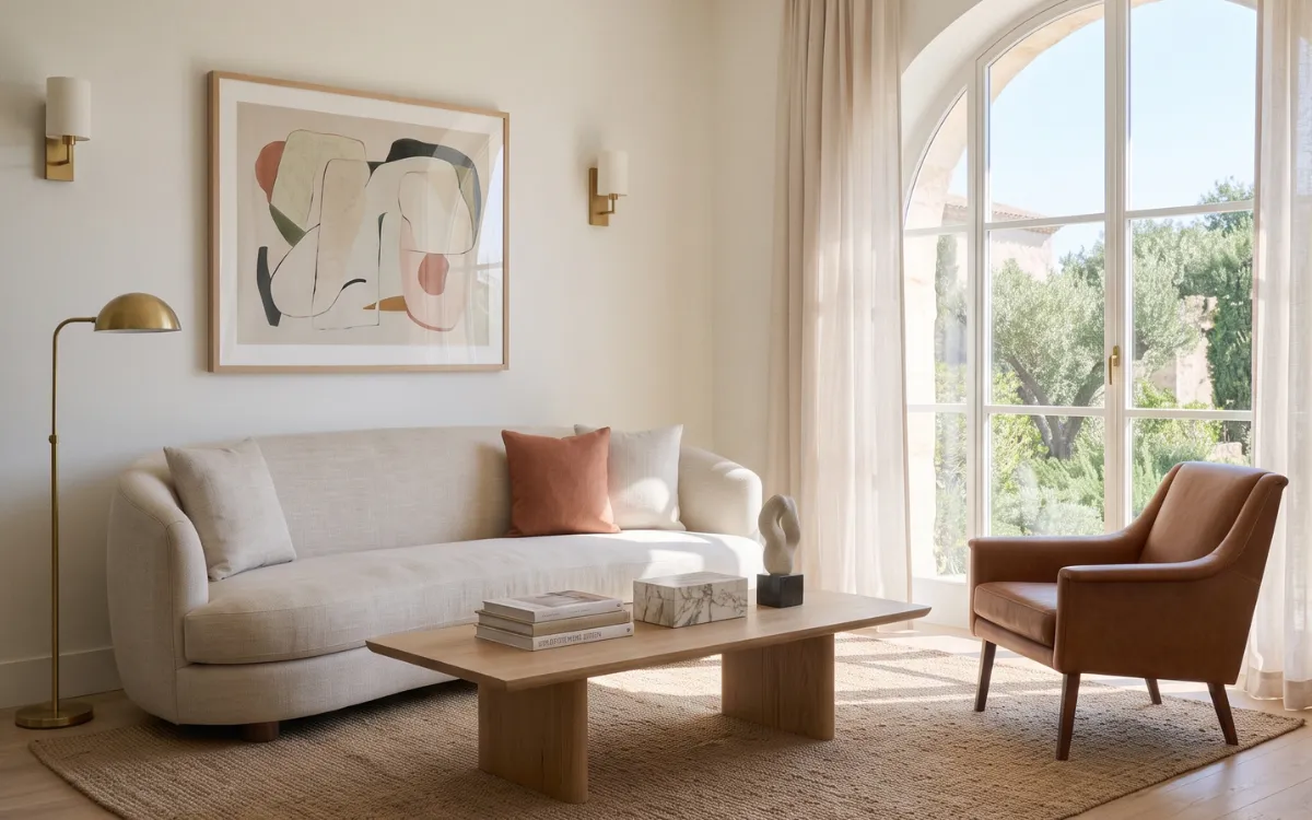 Organic modern living room with a cream curved sofa, leather armchair, wooden table, and large arched glass door.