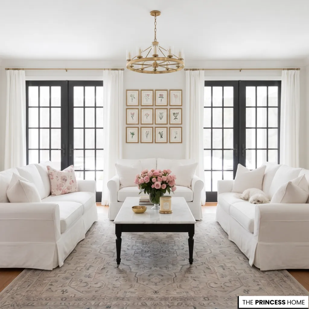 Symmetrical farmhouse living room with white sofas, black French doors, a marble coffee table, and a wagon wheel chandelier.
