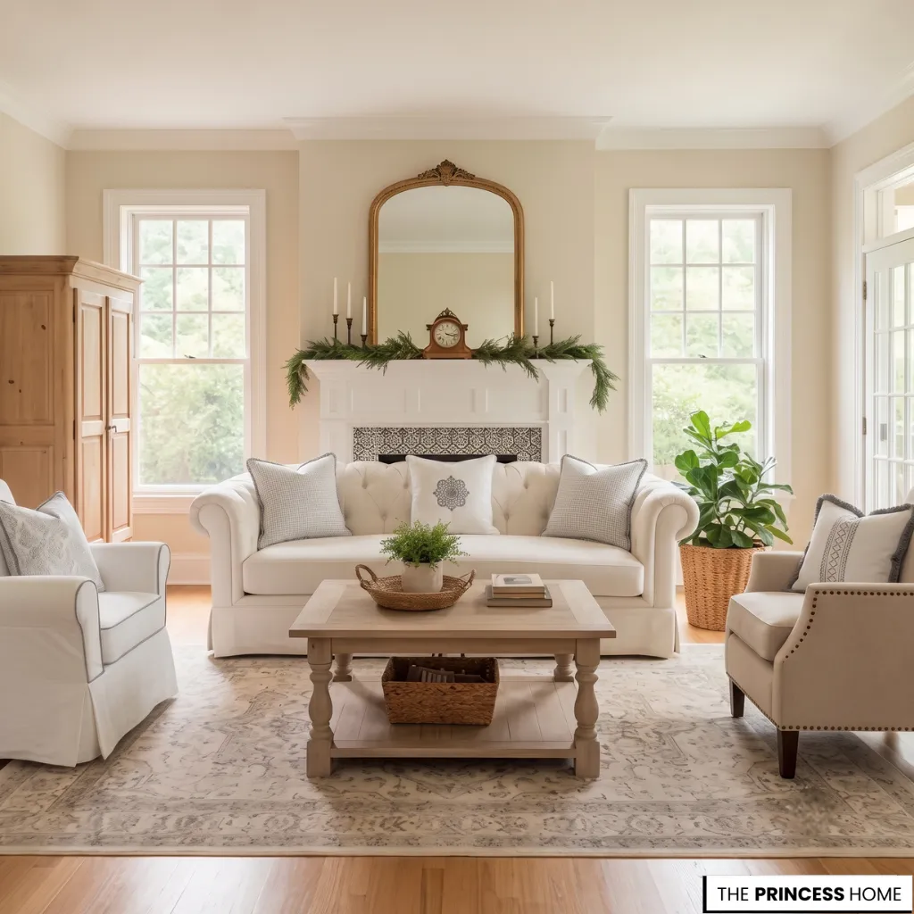 Bright living room with a white tufted sofa, wooden coffee table, fireplace, and an arched gold mirror.