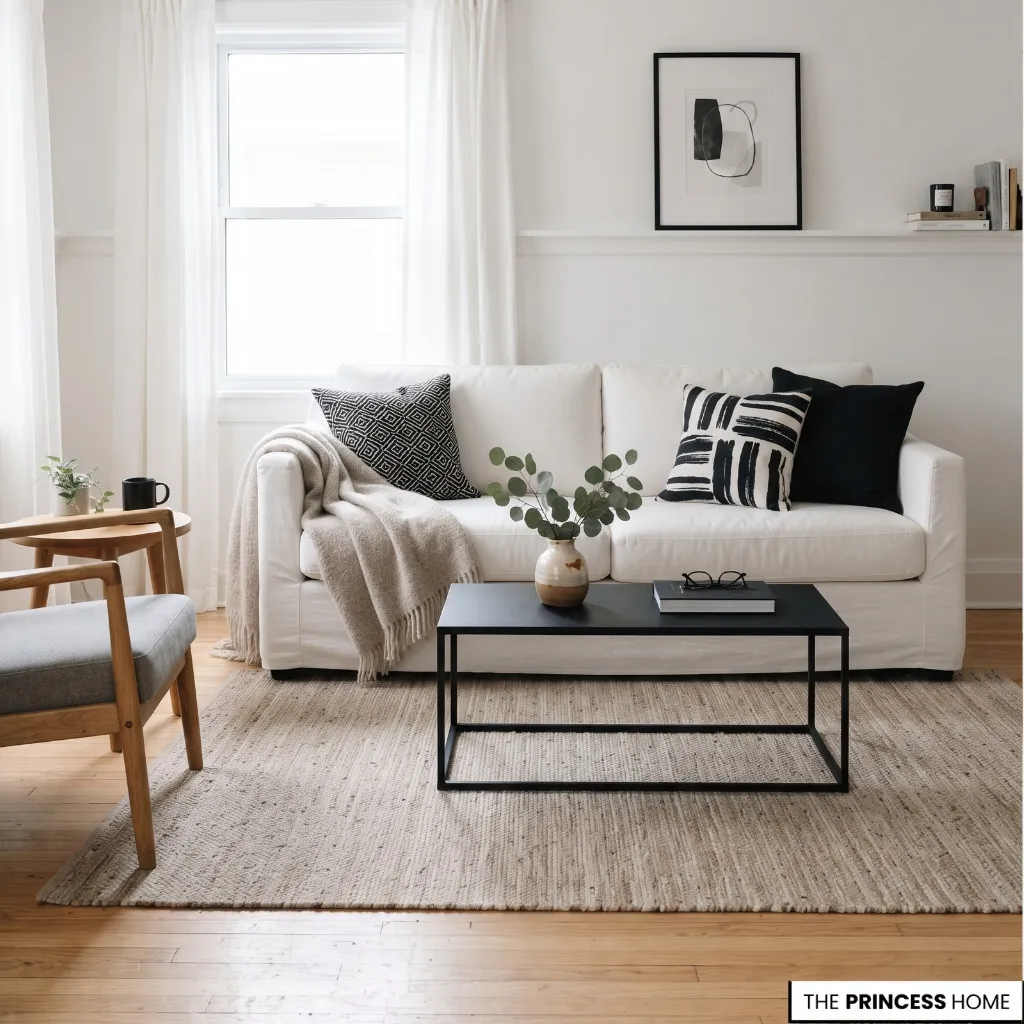 Existing white sofa updated with black cushions, a patterned throw, and simple decor.