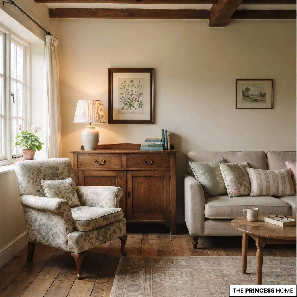 English cottage-inspired room with secondhand wooden furniture, simple textiles, and affordable decorative details.