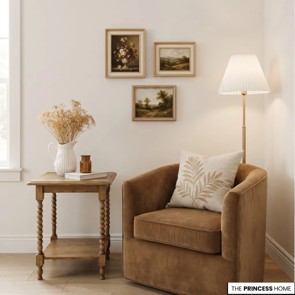 Affordable vintage decor with a secondhand wooden side table and simple accessories