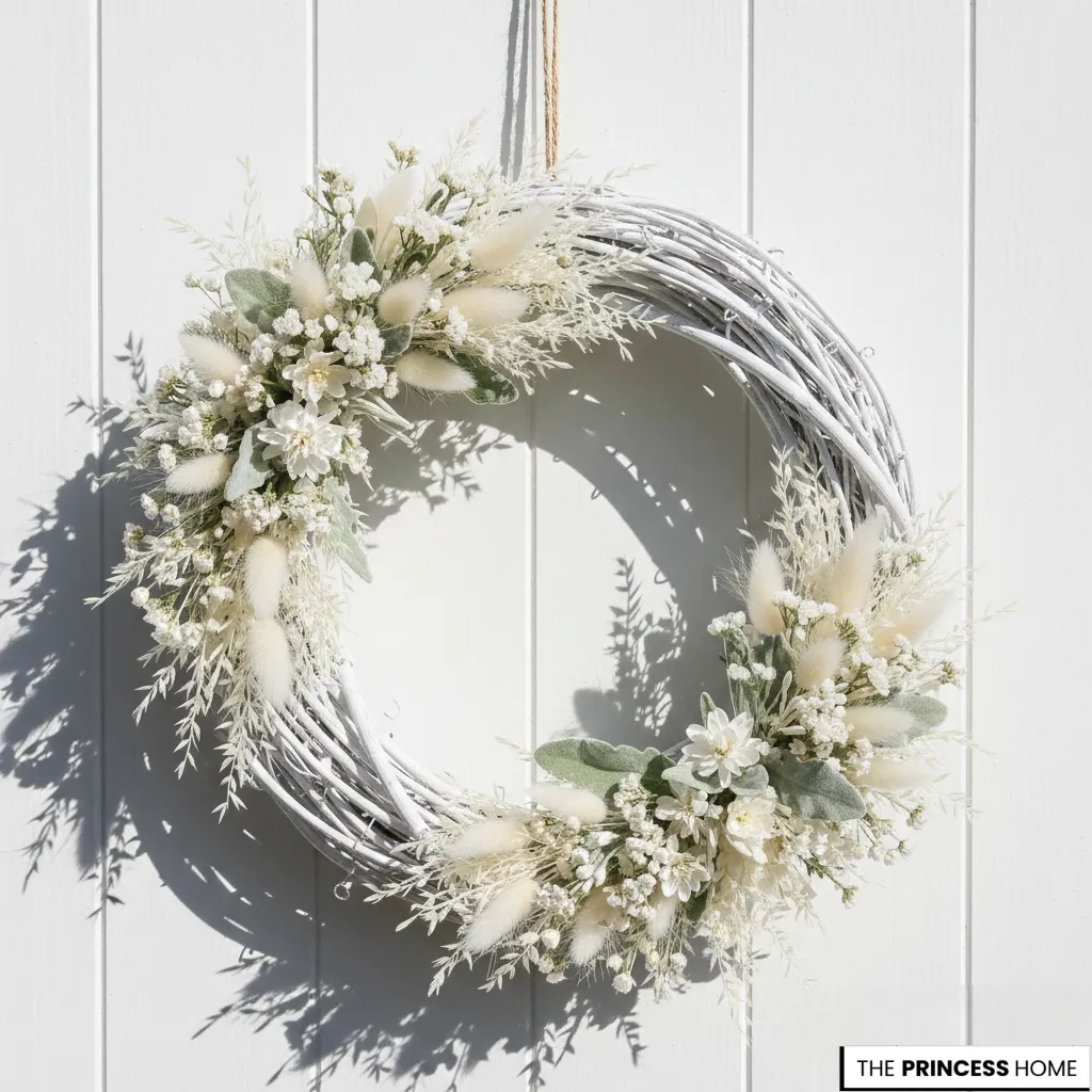 Elegant white grapevine wreath decorated with dried white flowers, baby's breath, and fluffy bunny tails hanging on a white wooden wall.