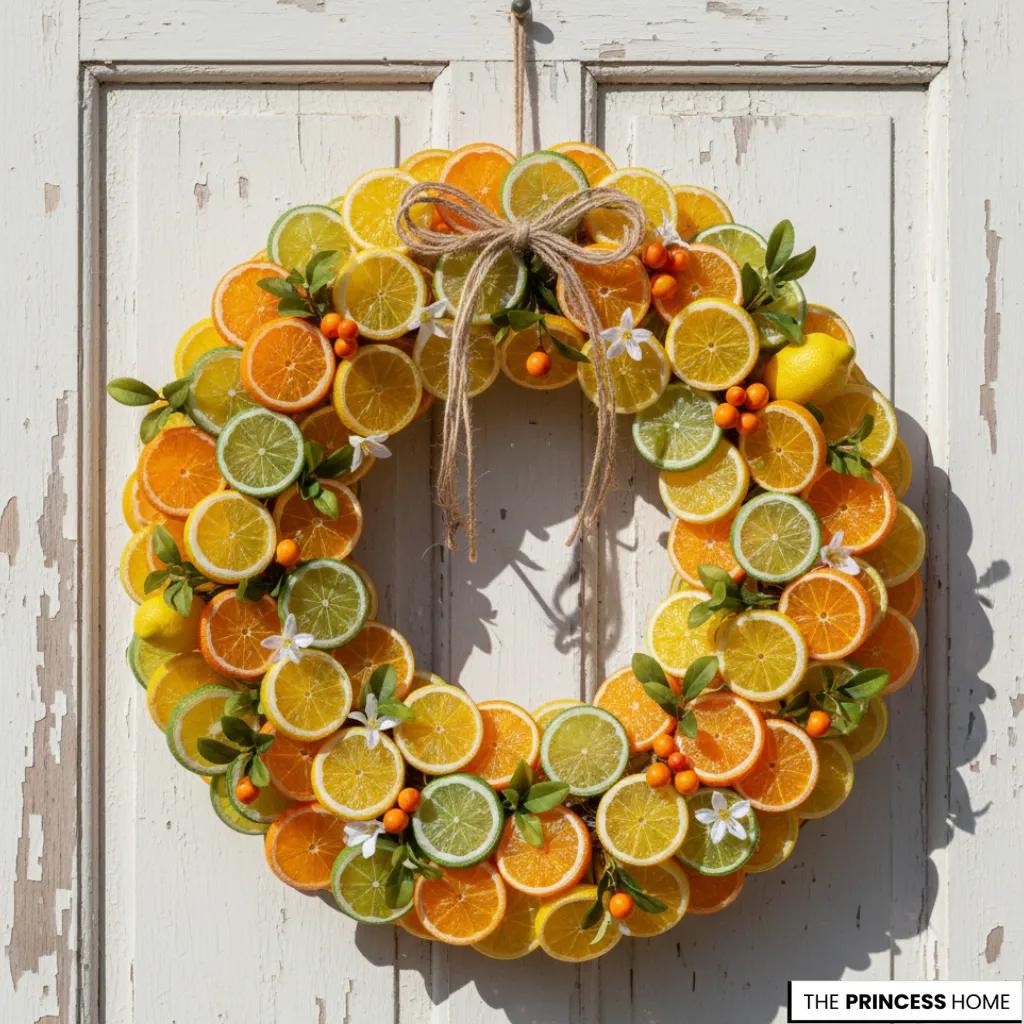 Vibrant summer wreath made of orange, lemon, and lime slices, decorated with small white blossoms, green leaves,