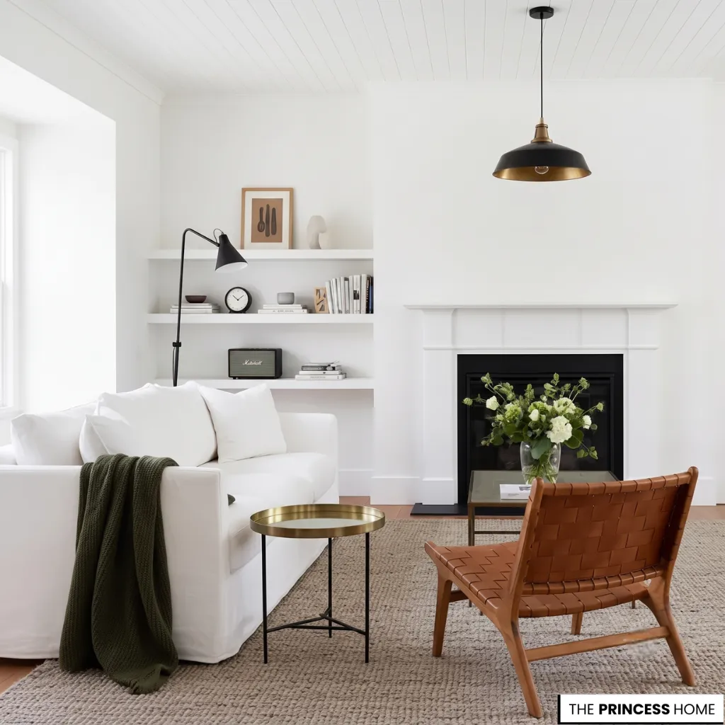 Minimalist white living room with a slipcovered sofa, woven leather accent chair, fireplace, and woven area rug.