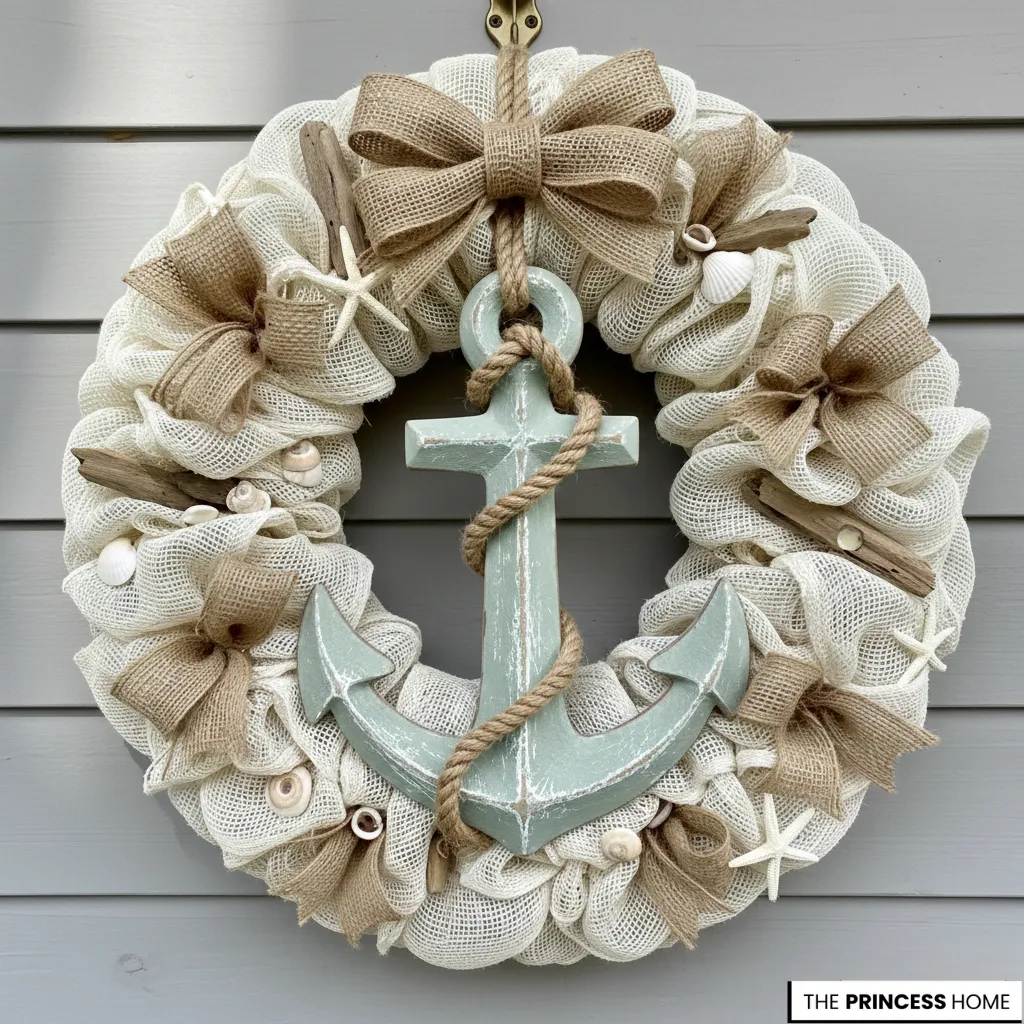 Coastal summer wreath made of white deco mesh, decorated with burlap bows, starfish,