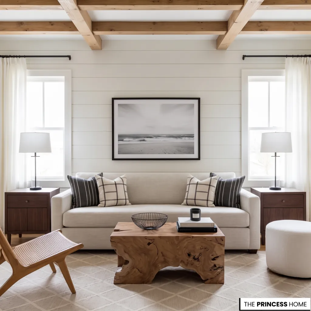 Coastal farmhouse living room with a cream sofa, live-edge wood coffee table, shiplap walls, and wooden ceiling beams.