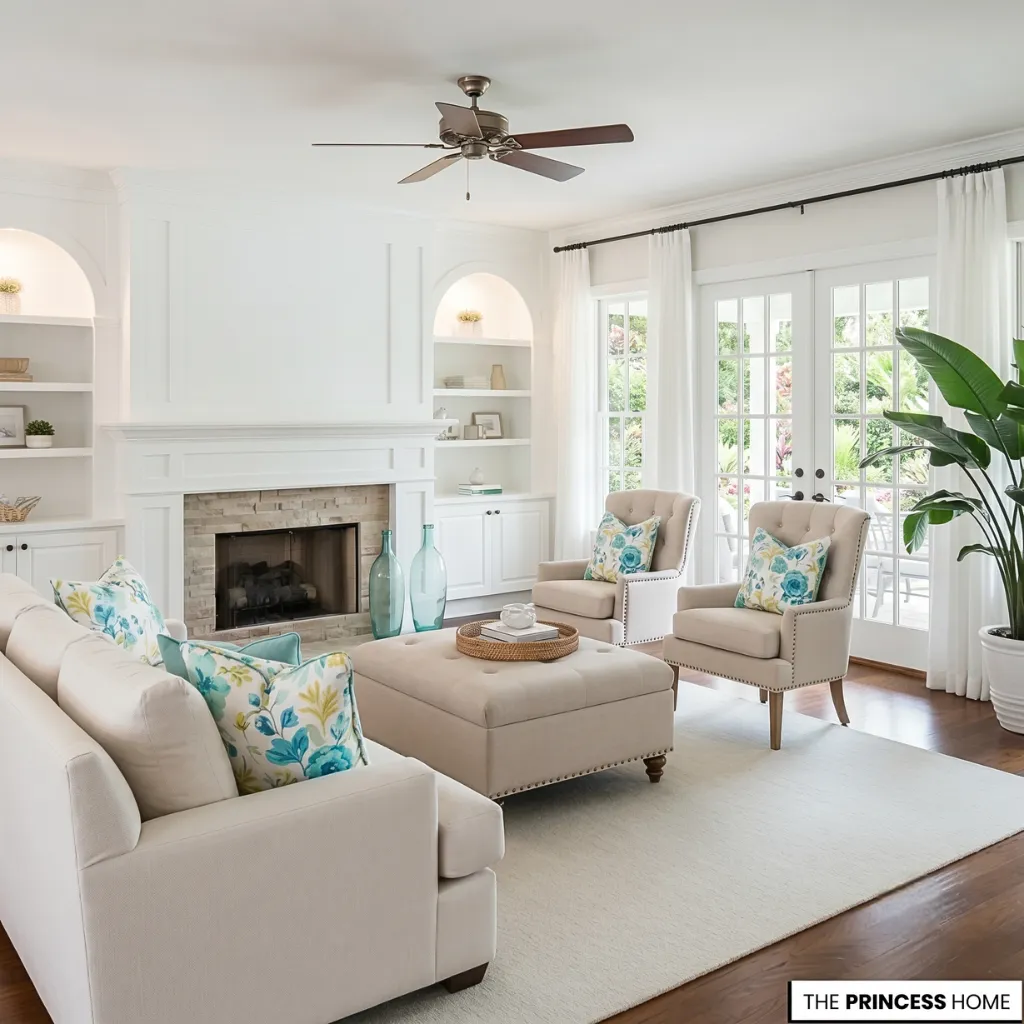 Bright coastal living room with white sofas, tufted armchairs, colorful floral pillows, and a brick fireplace.
