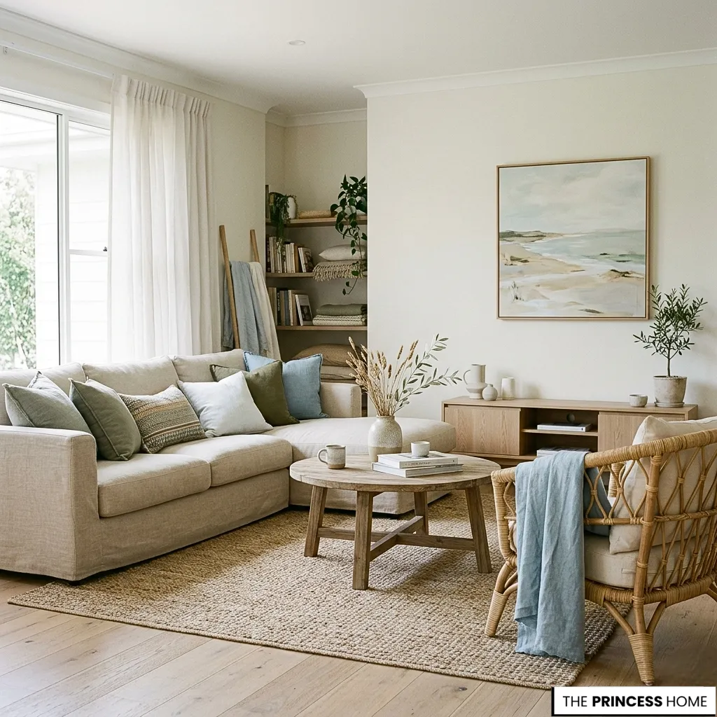 Coastal living room with a beige sectional sofa, rattan armchair, wooden coffee table, and a beach canvas painting.