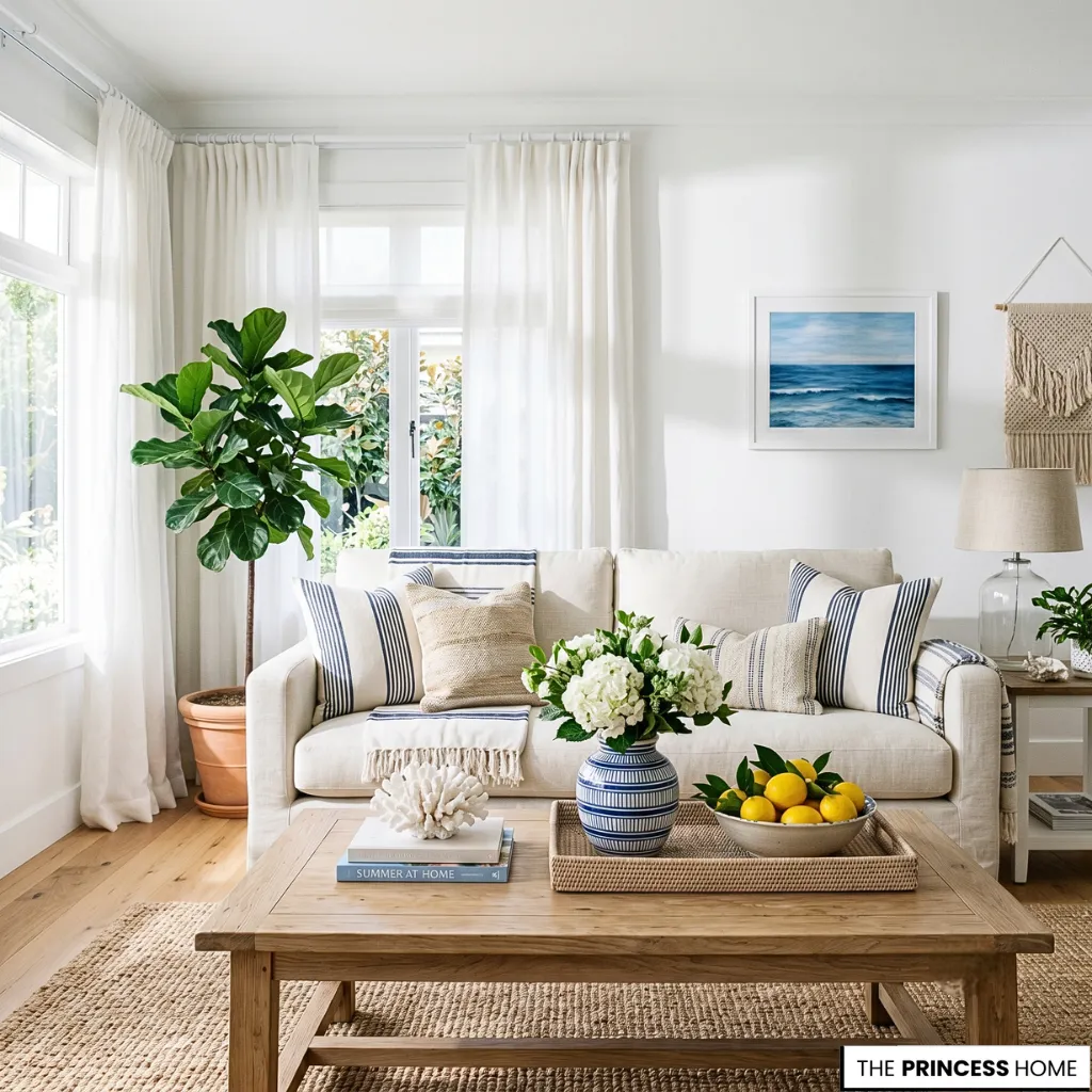 Bright coastal living room with a white sofa, striped pillows, fiddle leaf fig plant, and a wooden coffee table with lemons.