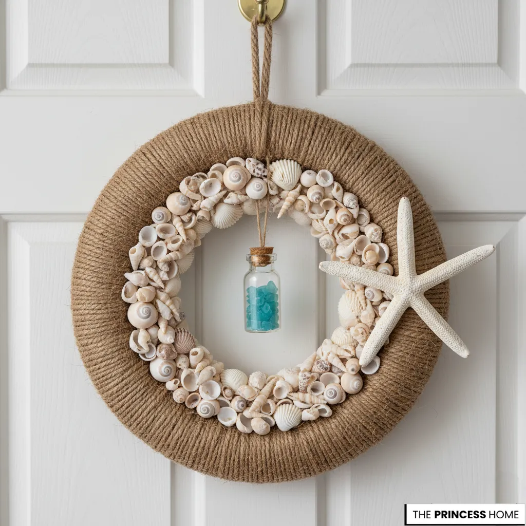 Coastal summer wreath wrapped in natural jute rope and filled with white seashells,