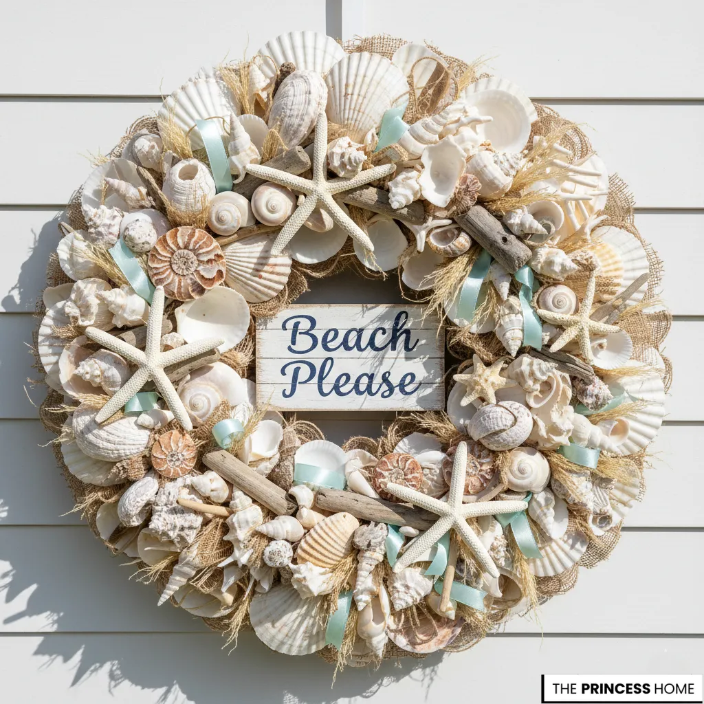 Large coastal wreath made of white seashells, starfish, and driftwood pieces,